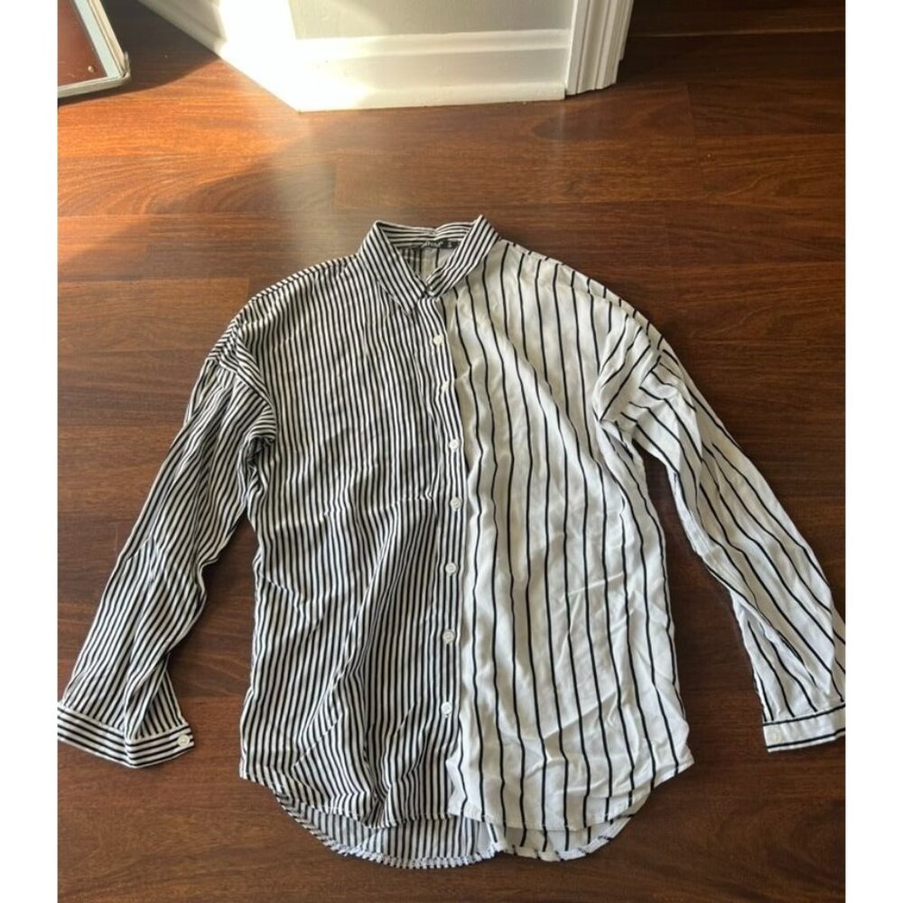 Benim Womens Small 100% Viscose Stripe Button Front Blouse Black White S 36